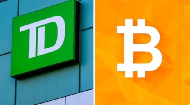 The split image displays the TD (Toronto-Dominion) logo on the left and the Bitcoin ₿ symbol on an orange background on the right, visually representing TD Cowen's $97,500 year-end Bitcoin price target mentioned in the post. The side-by-side logos symbolize the bank's cautious forecast for BTC, which represents only 25% upside from current levels.
