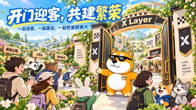 An anime-style illustration featuring a Shiba Inu mascot wearing sunglasses and a '1000$' tag standing in front of an 'X Layer' gate, with Chinese text '开门迎客, 共建繁荣' (translates to welcoming guests, building prosperity together).
