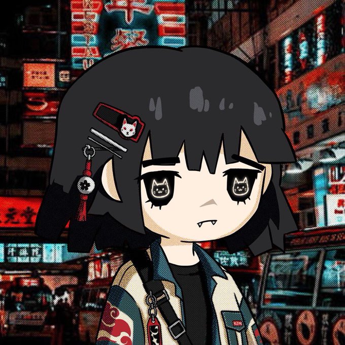 An anime-style chibi character with short black hair, cat-themed hair accessories, and large expressive eyes stands before a neon-lit city street backdrop, with "$100" partially visible behind her.