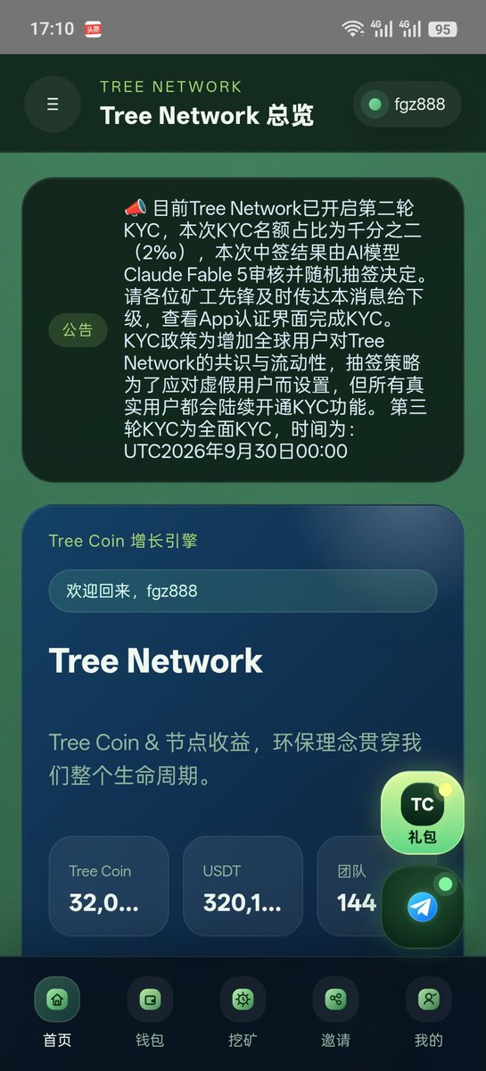 A mobile app screenshot for "Tree Network" with the user ID "fgz888", displaying an announcement about the second round of KYC (with 2% quota), a welcome message, and account balances showing 32,0... Tree Coin, 320,1... USDT, and 144 team members, with navigation tabs in Chinese at the bottom.