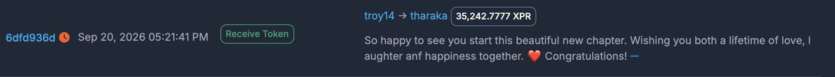 A comment thread where user '6dfd936d' sent 35,242.7777 XPR from troy14 to tharaka, with a congratulatory message wishing them happiness.