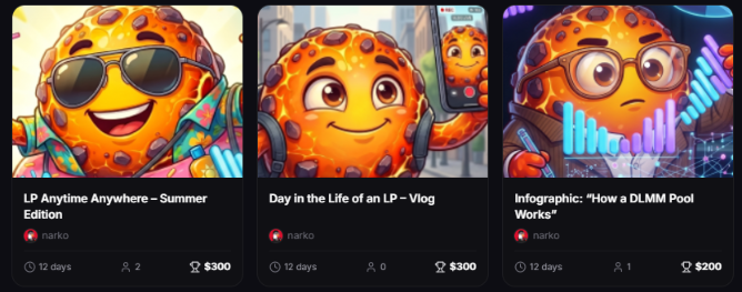 Three AI-generated chocolate chip cookie characters by "narko" are listed for sale at varying prices ($200-$300), with each creation titled "LP Anytime Anywhere - Summer Edition," "Day in the Life of an LP - Vlog," and "Infographic: How a DLMM Pool Works." The image showcases themed digital artwork available as bounties on the @met_lparmy platform, illustrating the type of creative content projects that creators can earn from by completing bounties.