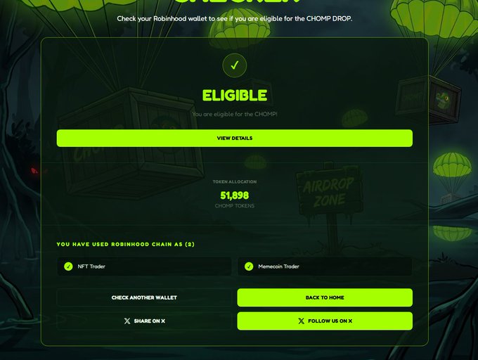A Robinhood wallet eligibility check page showing 'ELIGIBLE' status for the CHOMP DROP with 51,896 token allocation, listing NFT Trader and MemeCoin Trader activity, with 'AIRDROP ZONE' sign visible.