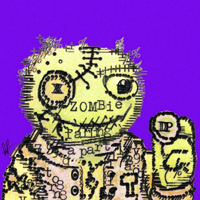 An artistic illustration of a yellow zombie-like creature with one stitched-shut eye, set against a bright purple background, with words like 'zombie', 'painting', and 'part' scribbled across its body.