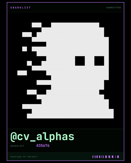A digital poster labeled 'SNARKLIST' featuring a pixelated white ghost-like figure with black square eyes, with the username '@cv_alphas' and number '#35676' displayed below.