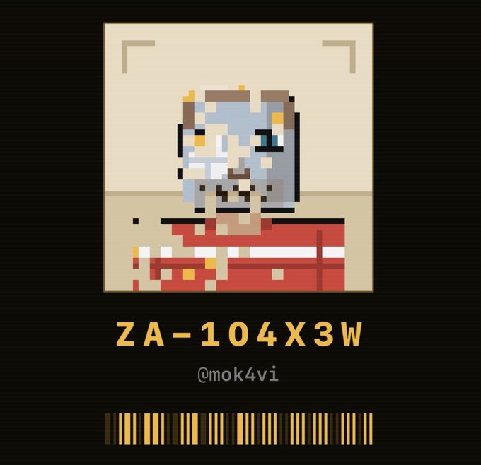 A pixelated polaroid of a female character with blue hair and a red outfit, framed by a camera viewfinder, labeled with ticket "ZA-104X3W" and barcode, tied to a Zcash ZADDR whitelist entry. The handle "@mok4vi" appears below the ticket number, suggesting the pixel art character represents the applicant's avatar for the Zcash shielded address.
