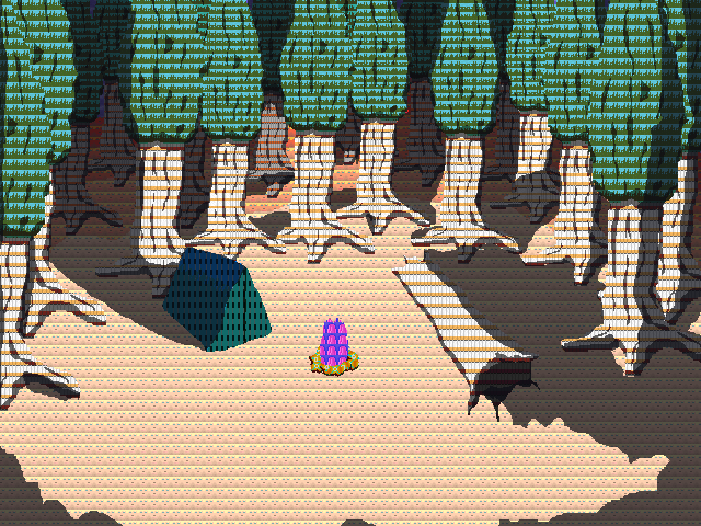A pixel art scene depicts a forest clearing where a character stands near a dark green rock formation under tall trees.