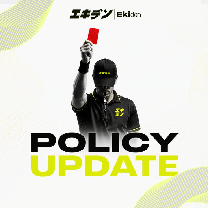 A 'POLICY UPDATE' announcement for 'エキデン Ekiden' features a referee in a black cap and shirt holding up a red card against a white and yellow background.