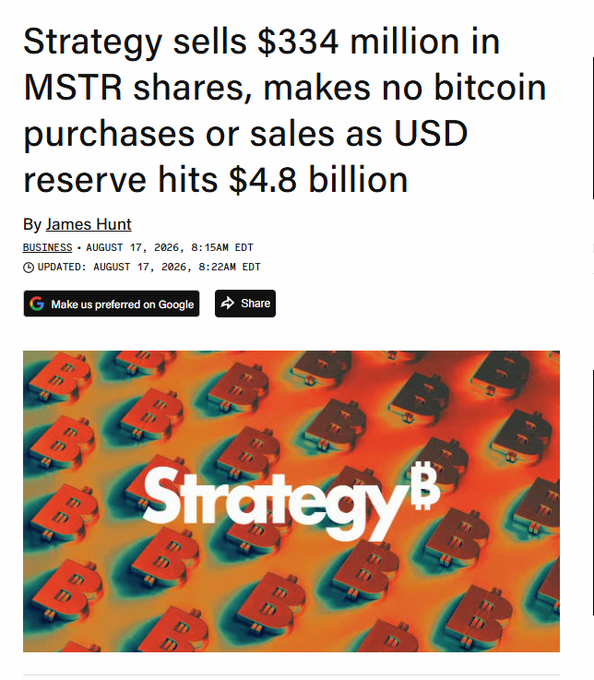 A news article headline reading 'Strategy sells $334 million in MSTR shares, makes no bitcoin purchases or sales as USD reserve hits $4.8 billion' by James Hunt, dated August 17, 2026, with an image showing a repeating pattern of 3D Bitcoin symbols and the word 'Strategy'.
