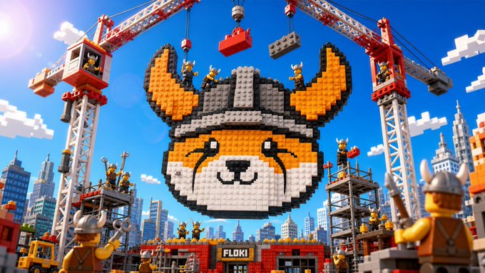 The image features a large Lego sculpture of a dog, with a crane above it that appears to be lifting bricks off the ground. The scene also includes several construction workers wearing hard hats and working on a building or structure. The caption reads "Heavy machinery. Heavy conviction. $FLOKI keeps building." This suggests that the Lego sculpture is part of an ongoing construction project, and the crane is actively involved in the process by lifting bricks to build something.