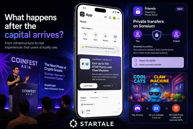 Promotional graphic asking 'What happens after the capital arrives?' featuring a presenter at Coinfest Asia, a smartphone displaying the Startale App wallet interface, and promotional cards for 'Friends' private transfers on Soneium and a 'Claw Machine' campaign.