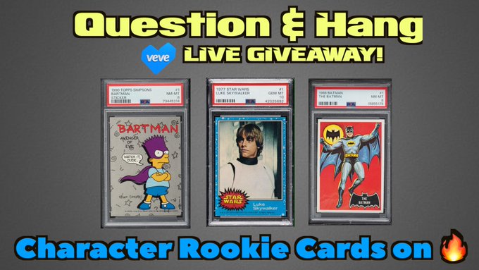 A promotional image titled 'Question & Hang Live Giveaway!' showing three graded PSA cards on the Veve platform featuring Bartman, Luke Skywalker, and Batman.