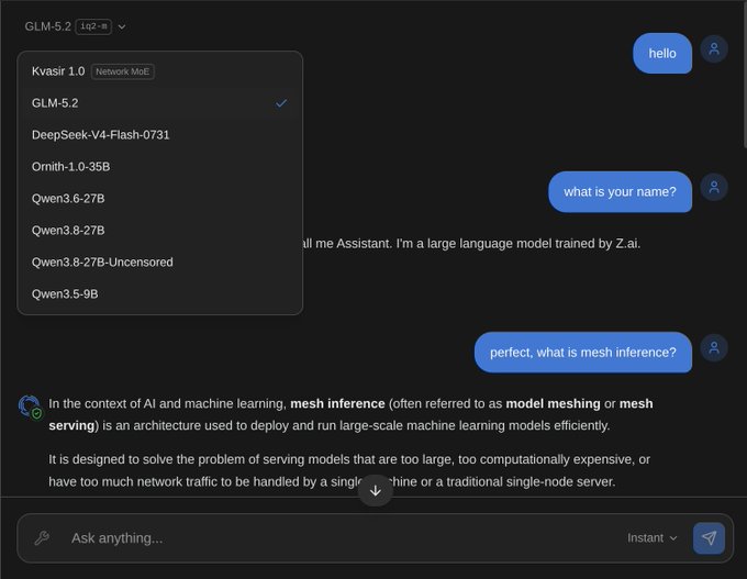 A screenshot of a chat interface shows a model selection menu including 'Kvasir 1.0', 'GLM-5.2', 'DeepSeek-V4-Flash-0731', and various Qwen models, with a conversation about 'mesh inference'.