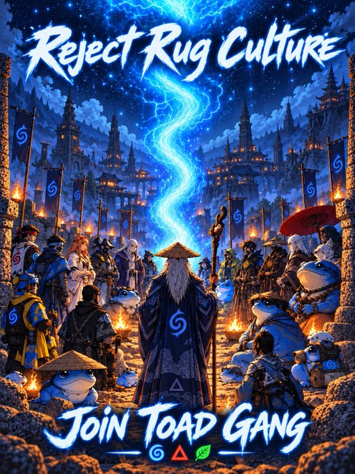 A vibrant fantasy poster reading 'Reject Rug Culture - Join Toad Gang' depicting a wizard surrounded by anthropomorphic frogs and warriors under a stormy blue sky.