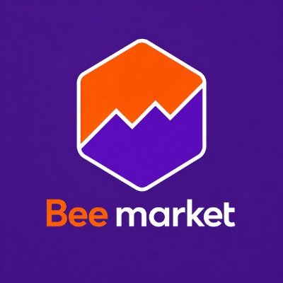 A logo for 'Bee market' featuring an orange hexagon resembling a mountain or hive shape against a purple background.