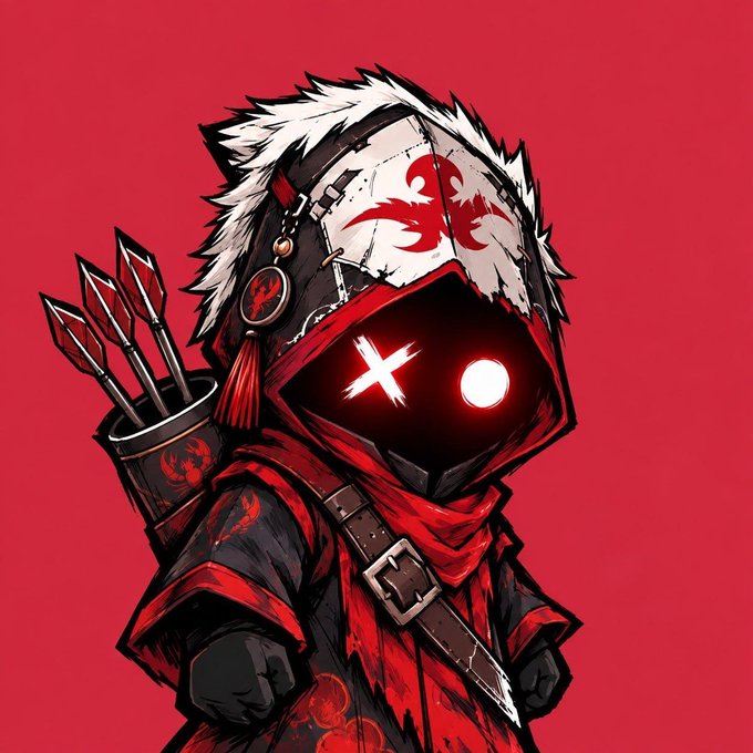 A stylized digital illustration depicts a hooded ninja or archer character in red and black attire with glowing red eyes and a cross symbol, carrying arrows on their back against a red background.