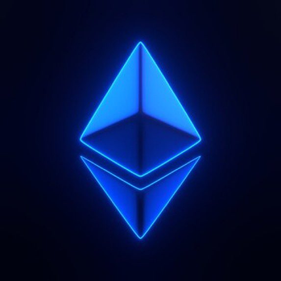 A glowing blue Ethereum (ETH) logo is displayed against a dark background. The image accompanies a post celebrating the closing of all ETH short positions and predicting a price surge to $10,000.