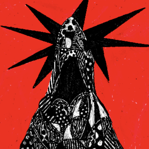 A stylized black and white illustration of a skeletal hooded figure with spiky rays emanating from its head against a bright red background.
