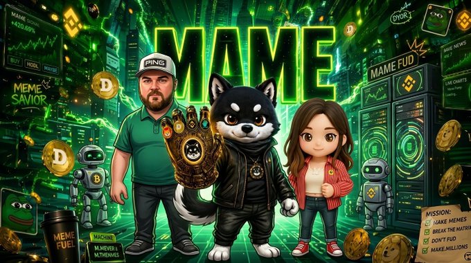 A colorful 'MAME' themed digital illustration featuring a man with a Thanos Infinity Gauntlet, a Shiba Inu dog in a leather jacket, an anime girl, and meme-related elements like Dogecoin.