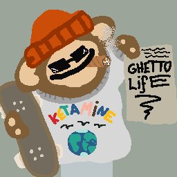 A pixel art character wearing an orange beanie and sunglasses holding a skateboard and a paper that reads 'GHETTO LIFE?', with a shirt spelling 'KATANIKE' over a globe.