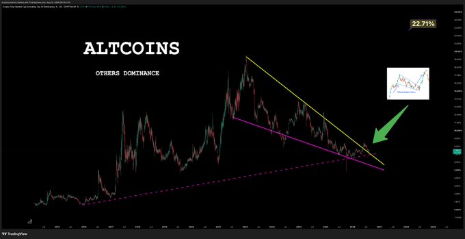 A TradingView chart displays the "ALTCOINS - OTHERS DOMINANCE" at 22.71%, showing a descending wedge pattern with a yellow upper trendline and magenta lower trendline, where the price has recently broken above the resistance—illustrating the post's claim that "altcoins dominance bouncing well."