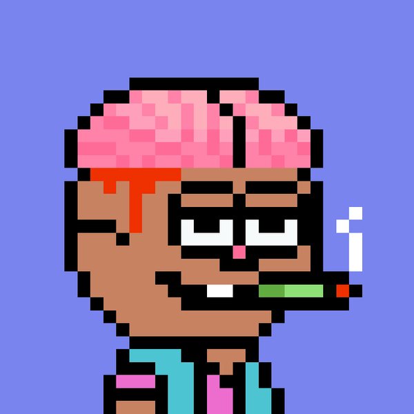 A pixel art character with brown skin, a pink brain exposed on top of its head with red drips, wearing black glasses and a colorful outfit, with a green cigarette or joint in its mouth against a purple background.
