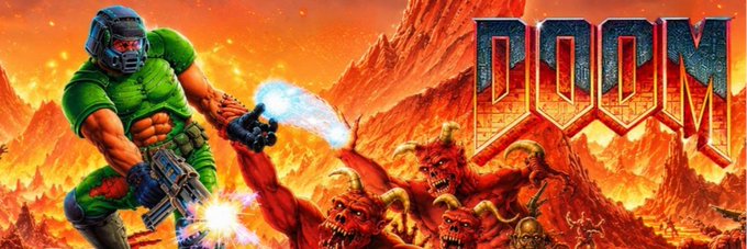 A muscular space marine in green armor fires a weapon at a horde of red demons in a fiery hellscape, with the bold "DOOM" logo displayed on the right side of the banner image created for the Solana token $Doom.