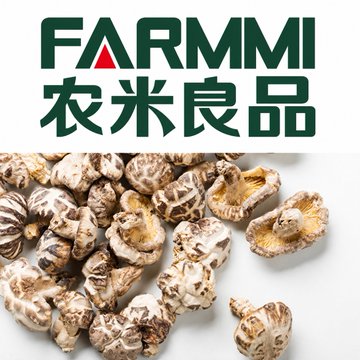 The image displays the Farmmi logo ("FARMMI" in English and "农米良品" in Chinese) above a pile of dried mushrooms, visually identifying the Nasdaq-listed microcap mushroom seller mentioned in the post, which surged up to 350% after its tokenized shares were paired with the JINQIAN memecoin on Robinhood Chain.
