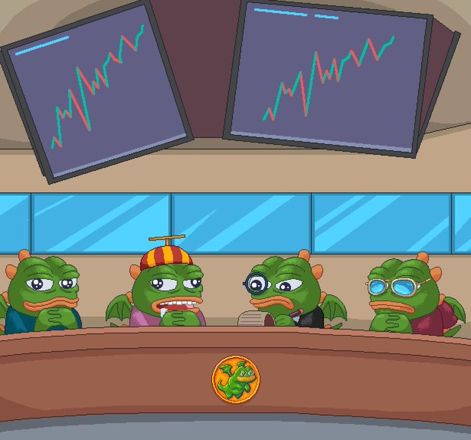 Four cartoon green characters sit around a table beneath two monitors displaying upward-trending stock charts, with a golden dragon logo on the table's front. The image appears to illustrate the announcement that the "5555 Chronicles" NFTs are being listed on Robinhood, symbolized by the bullish market charts above the characters' heads.