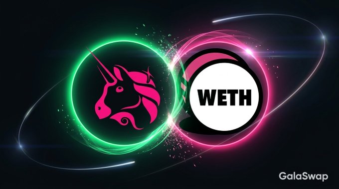 The image depicts two logos, one featuring an unicorn logo with red and pink colors (in color) against a black background, and the other displaying the word "WETH" written in white letters. The unicorn logo appears to be floating in the air, while the "WETH" logo is placed on top of it. Both logos are centered within a circular border that is predominantly green with purple accents. 

The image also contains some text, including the words "GalaSwap Pool Spotlight" and an explanation about what these pool spotlight posts mean (GalaSwap Pool Spotlight links).