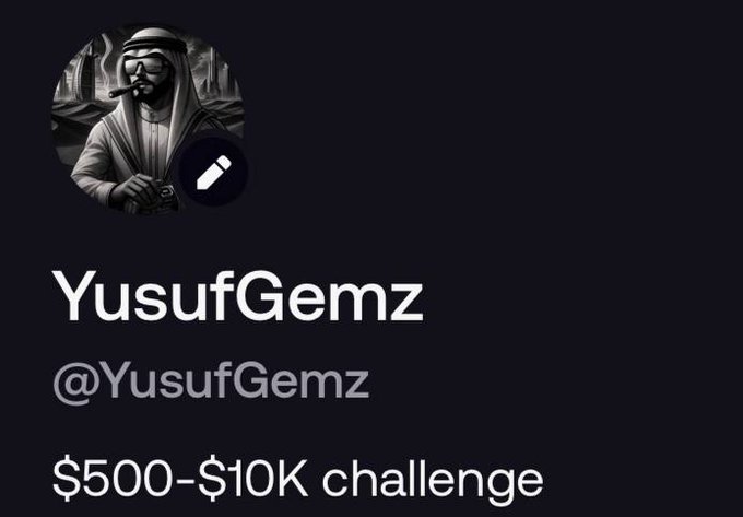 The image shows a profile card for "YusufGemz" (@YusufGemz), featuring an illustration of a man smoking a cigar, with the text "$500-$10K challenge" below it. This relates to the post announcing a $500 giveaway promotion, where the user is encouraging followers to engage with their account on the platform Fomo for a chance to win.