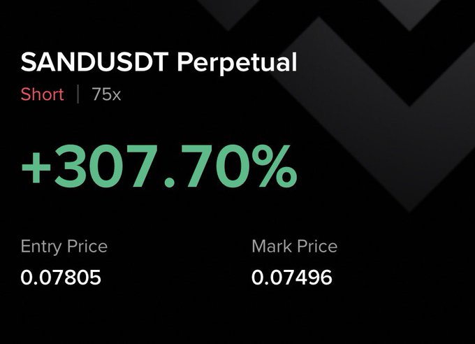 A trading interface screenshot showing a SANDUSDT Perpetual short position at 75x leverage with a +307.70% gain, entry price of 0.07805 and mark price of 0.07496.