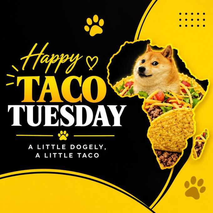 A yellow and black graphic celebrating 'Happy TACO TUESDAY' with the tagline 'A LITTLE DOGELY, A LITTLE TACO', featuring a Shiba Inu dog designed into the shape of the African continent amidst taco ingredients.