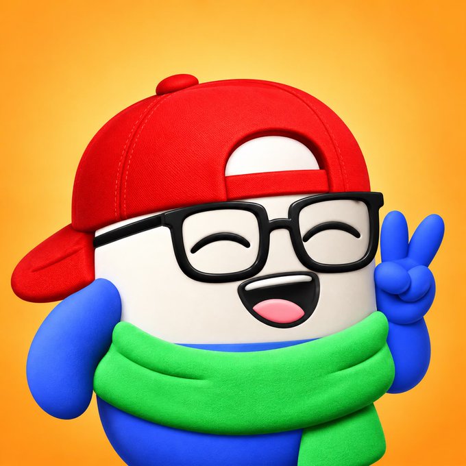 A 3D rendering of a cute, smiling mascot character with glasses, a red cap, and a green scarf, flashing a peace sign against an orange background.