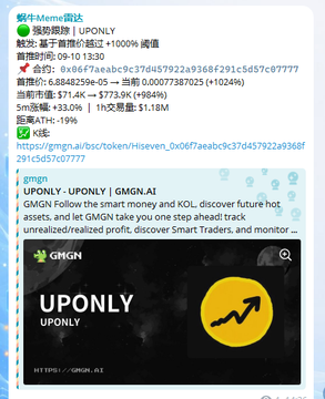 A screenshot of a GMGN.AI tracker showing the UPONLY token contract details, noting its initial liquidity and current market cap.