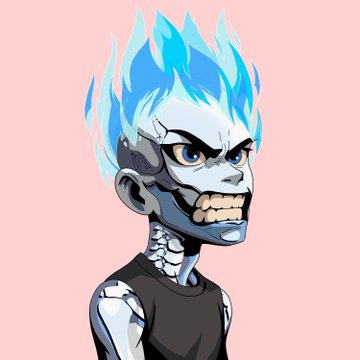 Anime-style digital illustration of a skeletal character with blue flame hair, bared teeth, and an exposed ribcage wearing a black tank top against a pink background.