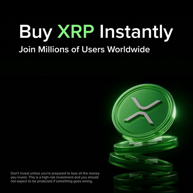 A promotional graphic for Uphold features bold white text reading "Buy XRP Instantly" and "Join Millions of Users Worldwide" against a black background, alongside a 3D rendering of a green XRP cryptocurrency coin. A disclaimer at the bottom warns that "Don't invest unless you're prepared to lose all the money you invest," which aligns with the post's message about the high-risk, volatile nature of crypto trading and automating XRP buys on the Uphold app.