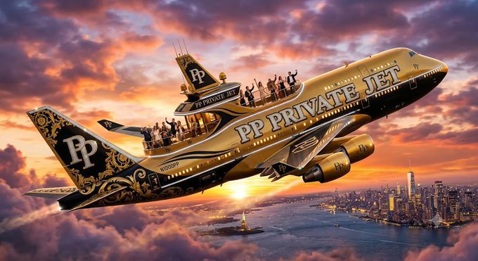 A luxurious gold 'PP PRIVATE JET' airplane flies through dramatic sunset clouds above a city skyline, decorated with ornate designs and the 'PP' logo, carrying passengers in a party-like setting.
