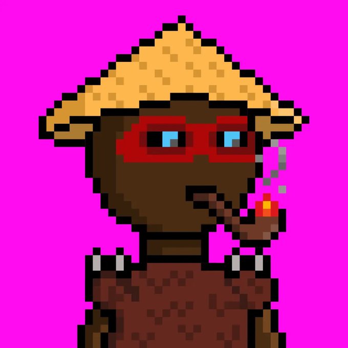 A pixel art character with dark skin, red glasses, and a straw hat smoking against a bright pink background.