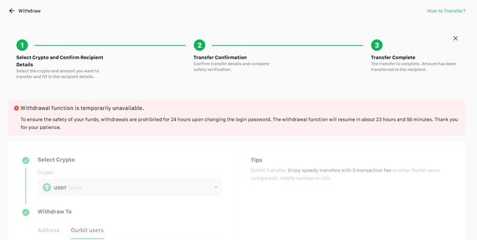 A crypto withdrawal page showing a three-step process (Select Crypto and Confirm Recipient Details, Transfer Confirmation, Transfer Complete) with a red notice stating 'Withdrawal function is temporarily unavailable' due to a 24-hour security hold after a password change, displaying USDC Tether as the selected crypto for orbit transfer.