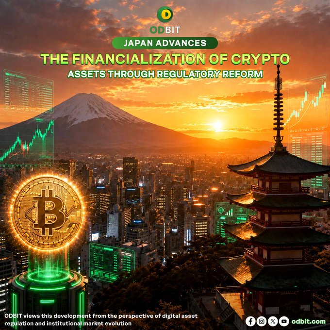 A promotional graphic for ODBIT featuring a glowing Bitcoin coin, Mt. Fuji, Tokyo's skyline at sunset, and a traditional pagoda, overlaid with charts and the headline "THE FINANCIALIZATION OF CRYPTO: ASSETS THROUGH REGULATORY REFORM," visualizing Japan's regulatory shift toward treating crypto as financial assets.