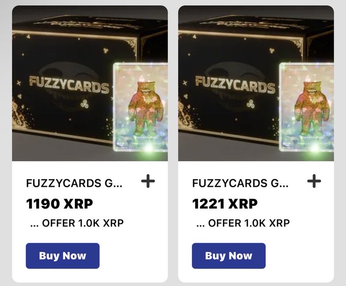 Two marketplace listings for FUZZYCARDS trading cards priced at 1190 XRP and 1221 XRP, each showing an offer of 1.0K XRP with a 'Buy Now' button.