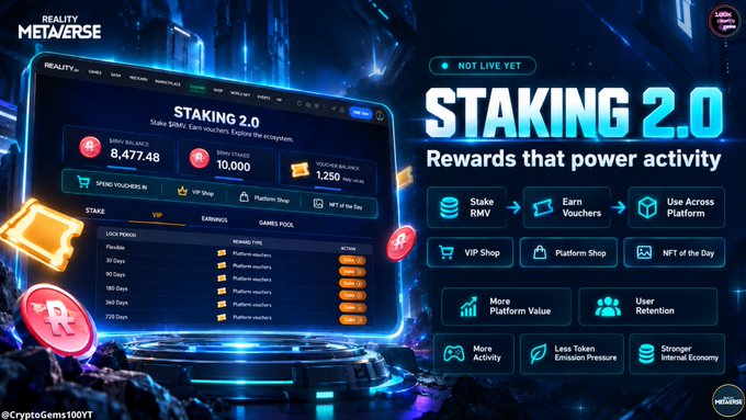 A promotional graphic for 'Reality Metaverse' featuring 'Staking 2.0' with a banner reading 'Rewards that power activity' and showing various staking details.