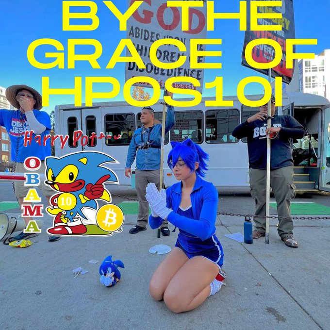 A heavily edited image shows a person cosplaying as Sonic the Hedgehog kneeling in prayer pose, with overlaid text reading 'BY THE GRACE OF HPOS101', 'Harry P(h)on?', 'OBAMA', and Bitcoin-related graphics in the background of a protest scene.