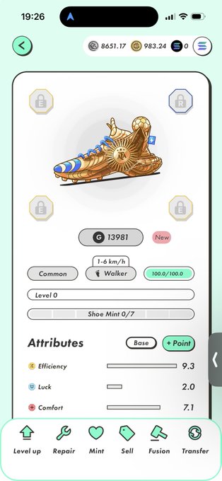 A mobile game screen displaying a gold and blue sneaker with attributes including 'Efficiency 9.3', 'Luck 2.0', and 'Comfort 7.1', marked with a 'New' badge.