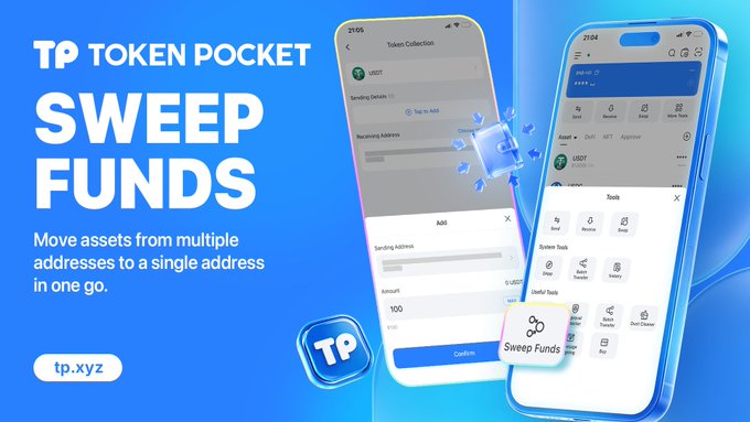 A promotional graphic for Token Pocket (tp.xyz) advertises its "Sweep Funds" feature, showing two smartphone screens displaying the app interface for moving assets like USDT from multiple addresses to a single address, with the tagline "Move assets from multiple addresses to a single address in one go." The image visually supports the post's message about simplifying fund consolidation across multiple wallets.