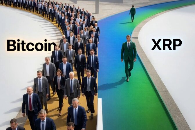 The image shows a group of people walking down a hallway or street, with some individuals wearing suits and ties while others have more casual attire. The crowd appears to be following a well-trodden path, but there are a few who seem to be looking ahead, possibly towards a future event or direction. The post about Bitcoin and Ripple is displayed in the image, suggesting that these people might be discussing or contemplating the differences between these two digital currencies.

The text "While the crowd follows the familiar path, a few are paying attention to where the future is heading." implies that there may be some individuals who are more interested in exploring new possibilities and trends than sticking to traditional paths. This could lead them to pay closer attention to the differences between Bitcoin and Ripple, or even consider investing in one of these digital assets.