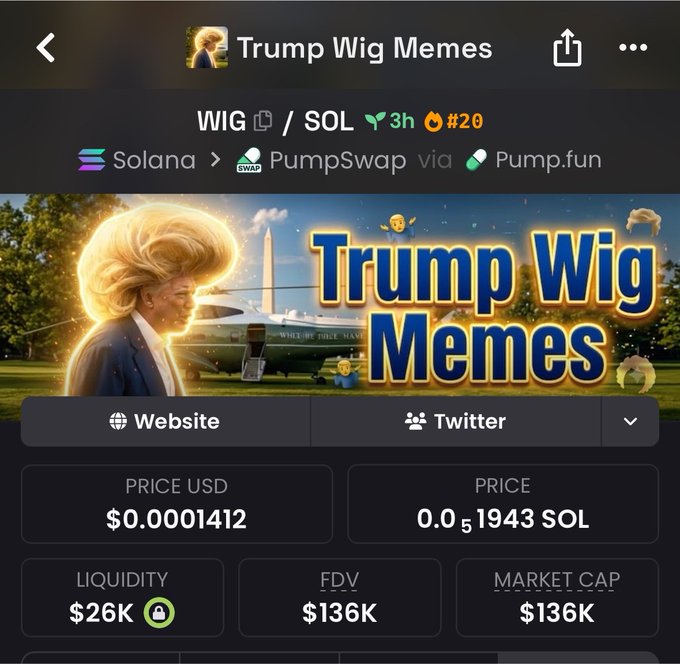 A mobile screenshot of the Trump Wig Memes (WIG/SOL) token page on Pump.fun via PumpSwap, priced at $0.0001412 with a $136K market cap.
