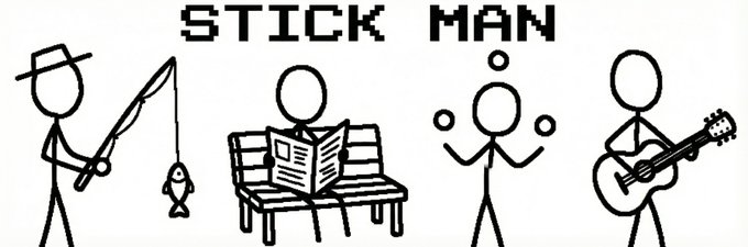 Pixel-art 'STICK MAN' header featuring four stick figures: a fisherman with a caught fish, a person reading a newspaper on a bench, a juggler with three balls, and a guitar player.