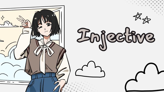 An anime-style illustration of a short-haired girl in a vest and bowtie posing with a peace sign next to the word "Injective" in a bubbly font.